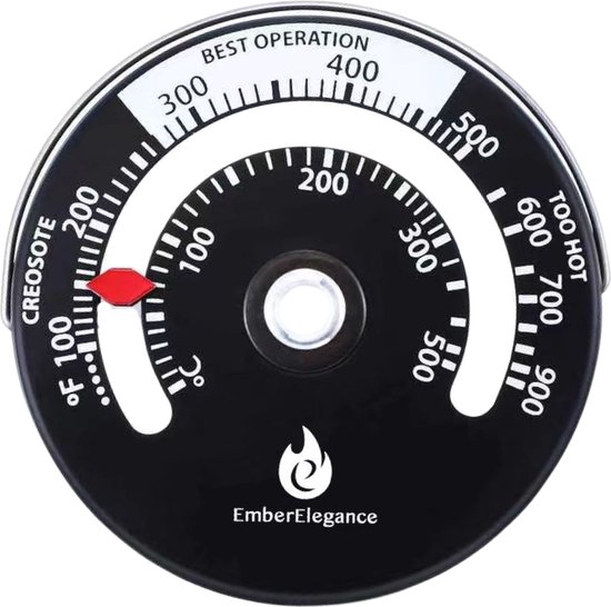 Zwarte kachelpijp thermometer met een rode wijzer op de schaal 'Creosote'.