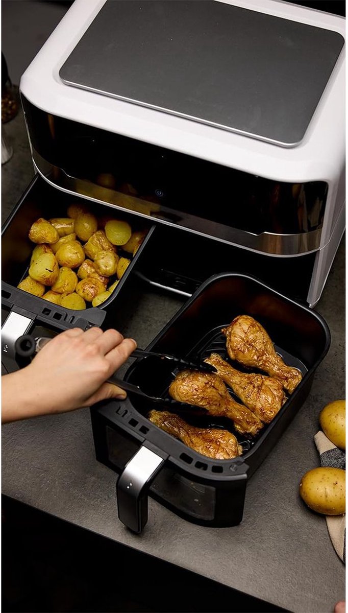 Afbeelding 2 van White-label® Dubbele Airfryer XXXL - Duo Heteluchtfriteuse - Geschikt voor Accessoires - 9L - Zilver