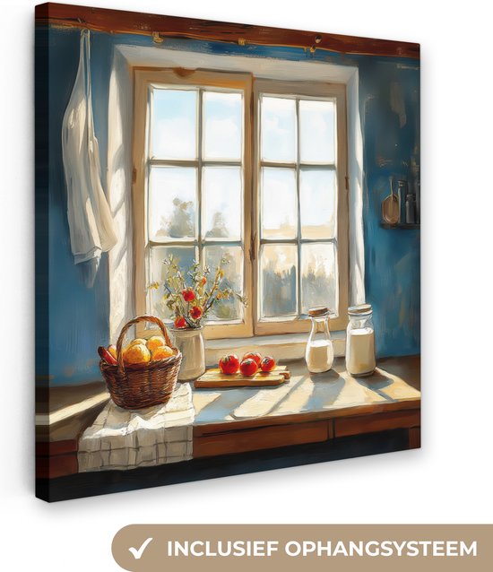 Canvas schilderij 50x50 cm - Wanddecoratie Stilleven - Keuken - Doorkijk - Vintage - Muurdecoratie woonkamer - Slaapkamer decoratie - Kamer accessoires - Schilderijen