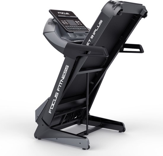 Zwarte en grijze Focus Fitness Jet 9 iPlus loopband, schuin van achteren gefotografeerd.