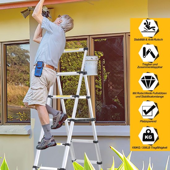 EXTENDACT8 Telescopic Ladder with 8 Steps, Telescopic Ladder 2.3 m 2 m, Telescopic Folding Ladder, Maximum Working Height 3.8 m, Hostrom