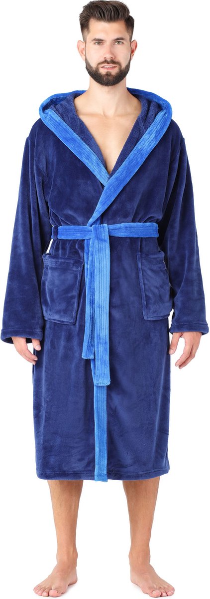Ladeheid Heren Badjas - Wasmachine bestendig - Polyester - LA-LA40-221-DG - Donkerblauw/Blauw – M