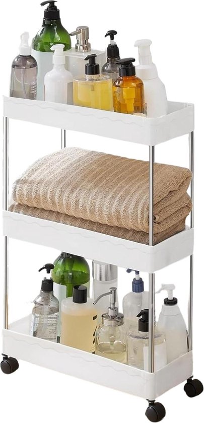 Trolley, Opslagwagen, Keukentrolley met handvat, Gemakkelijk te Verplaatsen, Verwijderbare Haken, Deelbaar, Plastic Wagen voor Opslag. Voor Keuken, Badkamer, Kantoor. (3 niveaus/85x40x37