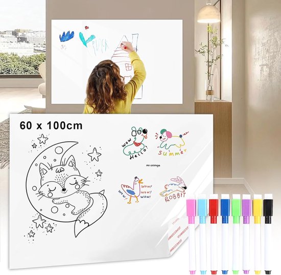 Joaecosmhui Whiteboard, self-adhesive, 60 x 100 cm, non-magnetic, washable board for fridge and office, easy to cut to size, can be rewritable (1 piece whiteboard film 8 markers with