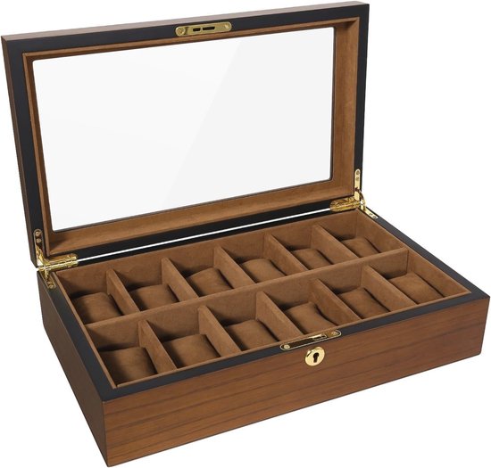 SONGMICS Wooden Watch Box with 12 Slots, Window Watch Case with Solid Wood Veneer, Vertical Storage, Space Saving, Gift Idea, Coffee Brown JOW014K01
