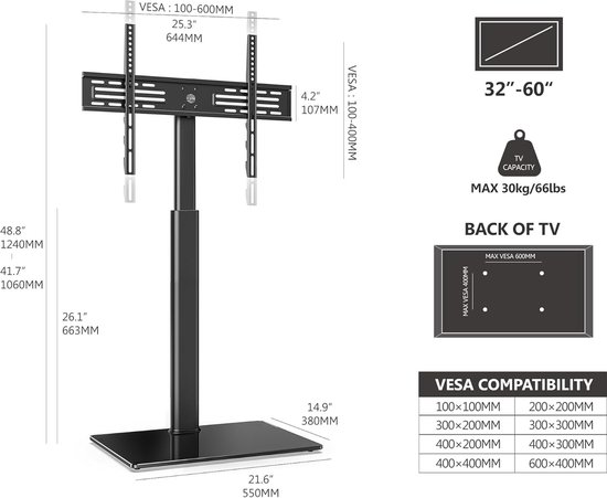 Tv standaard - Soort: Vloerstandaard Schermformaat: 45 t/m 90 inch Max. gewicht: 60 kg VESA: 200x100, 100x200, 100x100, 200x200, 75x75, 300x200, 400x200, 300x300, 400x300, 400x400, 600x400, 800x400