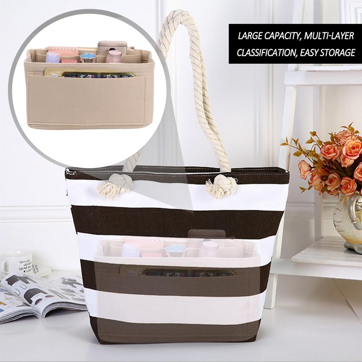 WADORN Vilt Purse Organizer Insert, Tas in Tas Shell Shaper Handtas Tote Organizer Vrouwen Portemonnee Liner Tas Compartiment Binnen Pocketbook Inserts voor Alma PM Draagbare Vilt Liner Interieur Tidy