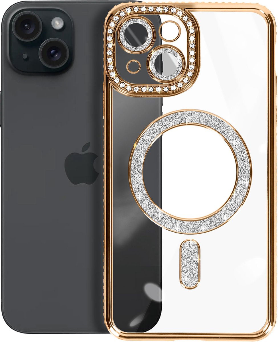 Avizar Diamond Beschermhoesje Geschikt voor Apple iPhone 15 MagSafe Omtrek Strass, Goud