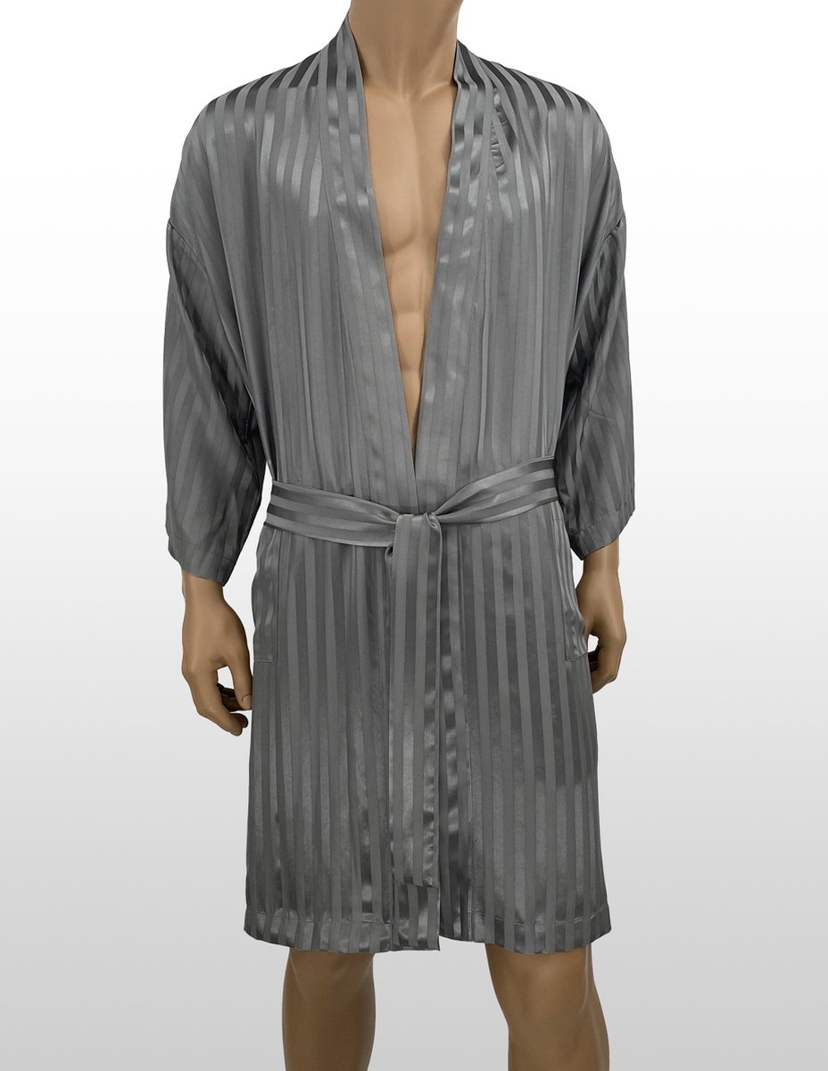 Zijden Kimono - 100% Zijde - Exclusief Jacquard Stripe Design -Kleur Steelgrey - One Size