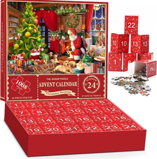Kerst Puzzel Adventskalender Met 1008 Stukjes En 24 Herbruikbare Doosj  Uniek Kerstontwerp Met Poster 0
