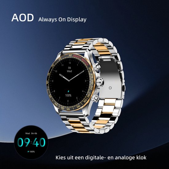 Maoo Titan AMOLED Smartwatch Heren - Special Edition - Stainless Steel en 2 TPU bandjes - Stappenteller - Hartslagmeter - Slaapmonitor - Multisport - Geschikt voor Android en iOS - Zilver en Goud