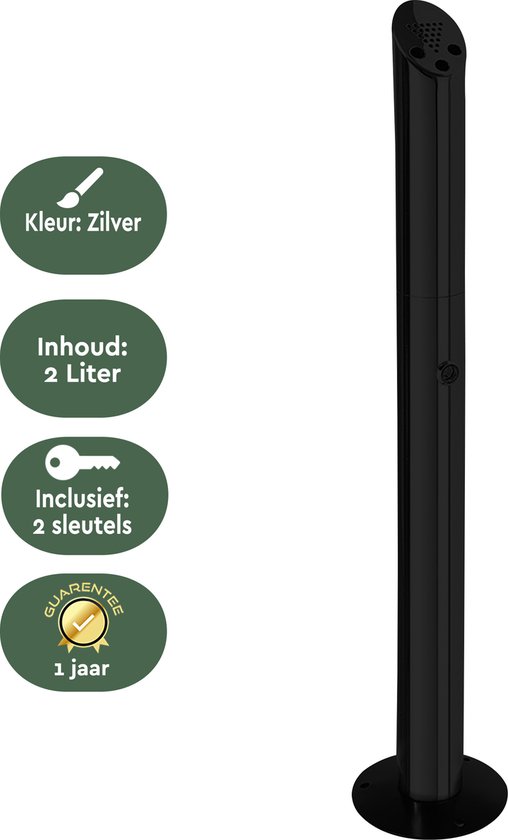 Zwarte staande asbak, 2 liter inhoud, met ronde voet. Inclusief 2 sleutels, gegarandeerd voor 1 jaar.