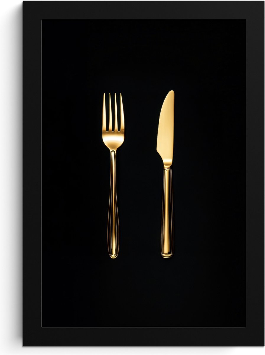 FrameYourWall Fotolijst inclusief poster - Posterlijst 20x30 cm - Posters - Bestek - Goud - Mes - Vork - Foto in lijst - Keuken decoratie muur - Wanddecoratie accessoires - Muurdecoratie - Schilderijen