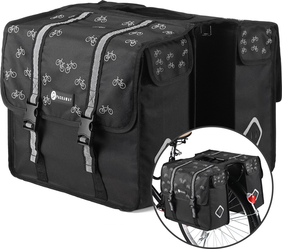 Packaway Dubbele Fietstassen - Uitneembare koelzak- Waterdicht-Fietspatroon-36L-Zwart