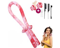 foto van BeautyFit® - Heatless curls + Ebook - 4-delig - Curling Ribbon - Krulspelden -Inclusief E-book, haarkammen en mistspray- Haarrollers - Krullen Zonder Hitte - Krullers - Haar Rollers Zelfklevend - Haarkruller roze
