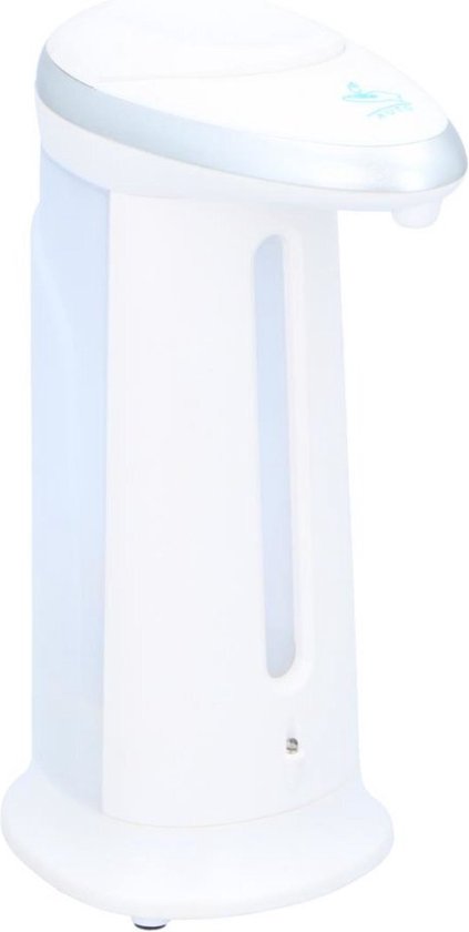 Witte automatische zeepdispenser met een zilveren rand en een doorzichtig reservoir.