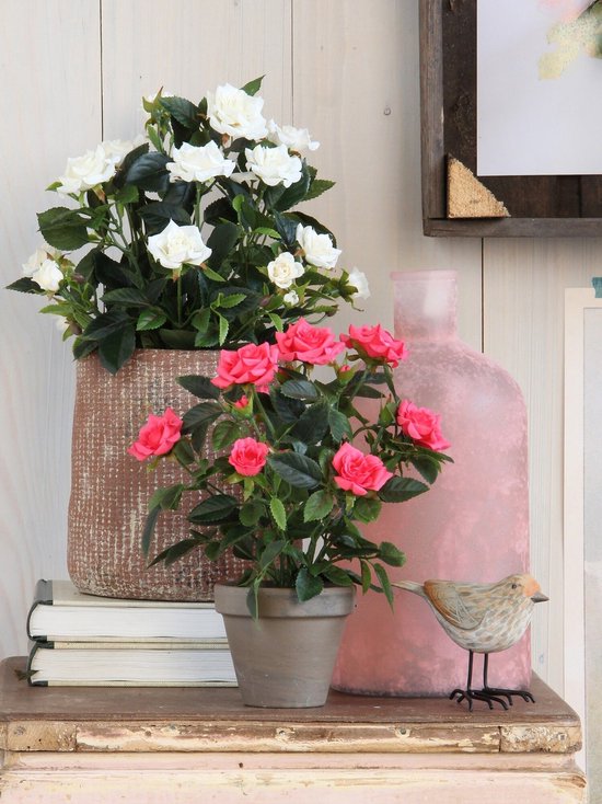 Mica Decorations Kunstplant - 2x - rozen - roze - in grijze pot - 33cm - kunst roos