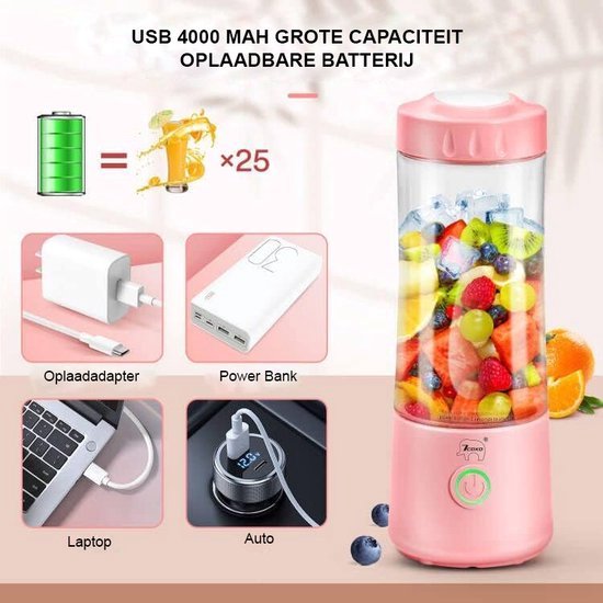 Draagbare Blender voor Verse Smoothies en Shakes - Krachtige Personal Smoothie Maker - Compact en Draagbaar Design - Makkelijk te Reinigen - Veilig in Gebruik - Ideaal voor Thuis en Onderweg — afbeelding 3