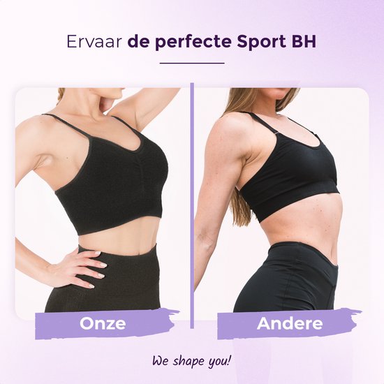 Vergelijking van een zwarte sport BH met ruches, naast een zwarte sport BH.