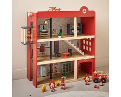 foto van Petite Amélie Brandweerkazerne Rood - Houten Poppenhuis – H.72 cm - Incl. 9-delige poppenhuis meubels - 12-delige brandweer accessoires