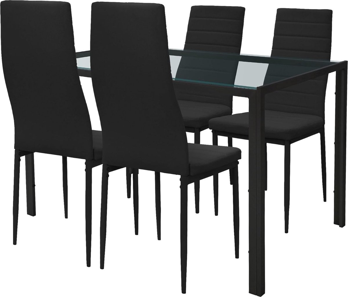 Moderne eetkamerset 5-delig met glazen tafel en 4 stoelen in zwart