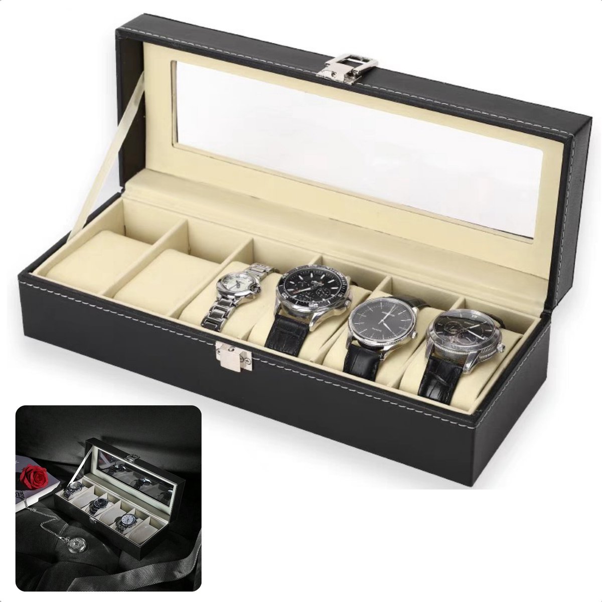 Horlogebox - Horlogedoos - Sieradendoos - Zwart - 6 Vakken - PU Leer - Transparant Venster - 30x11x8 cm - Inclusief EBOOK