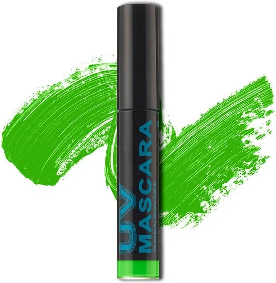 Zwarte mascara koker met blauw en groen "UV Mascara" opschrift, omringd door groene vegen.