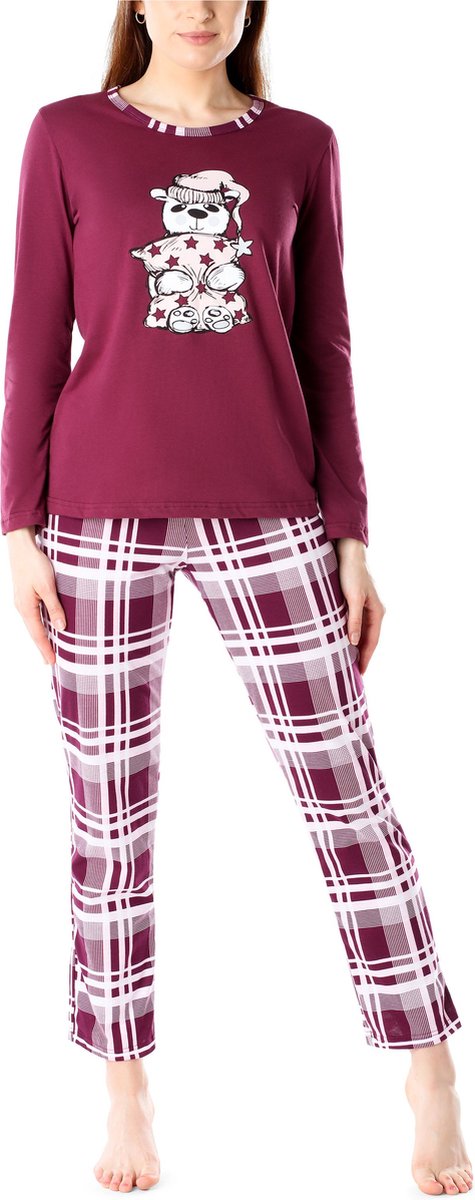 Merry Style Dames Pyjama - Lange mouwen - Lange broek - Katoen - MS-MS10-169-PJ - Wijnrood Geruit