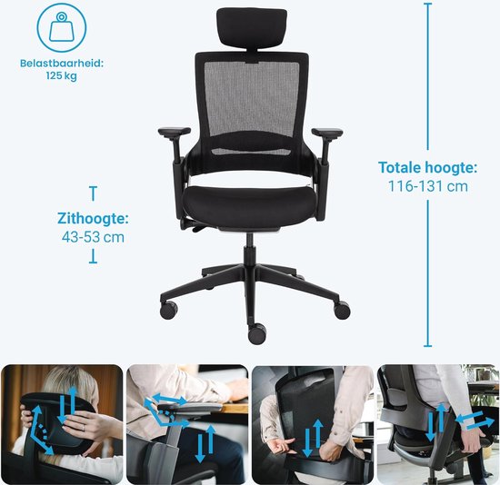Durrafy Ergonomische bureaustoel, bureaustoel heeft hoofdsteun, lendensteun, armleuningen, hoogteverstelling, draaistoel met 90 tot 130 graden ligfunctie (vergrendelbaar), belasting tot 150 kg