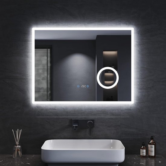 EMKE Badkamerspiegel Met Verlichting 80 X 60 Cm, Led Spiegel, 3 Dimbare Lichtkleuren Warmwit Koud Neutraal Licht Anti Condens Functie Touch Schakelaar Wandspiegel 2116645530