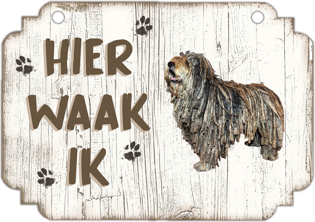 Hier Waak Ik: Bergamasco | Waakbord | Spreukenbord | Hondenras | Hond | Betreden op eigen risico | Pas Op Voor De Hond | Deurbordjes | Bewaker Van Dit Huis