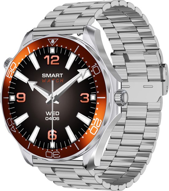 Zilverkleurig smartwatch met een zwarte wijzerplaat, oranje bezel en metalen band.