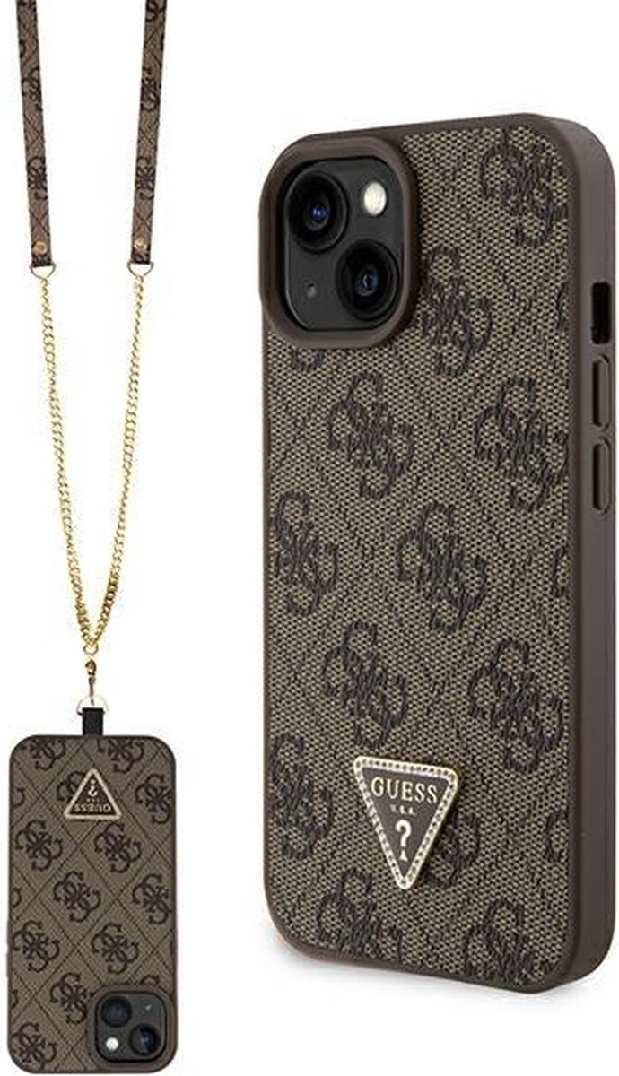 Guess 4G Triangle Crossbody Back Case - Geschikt voor Apple iPhone 15 (6.1") - Bruin