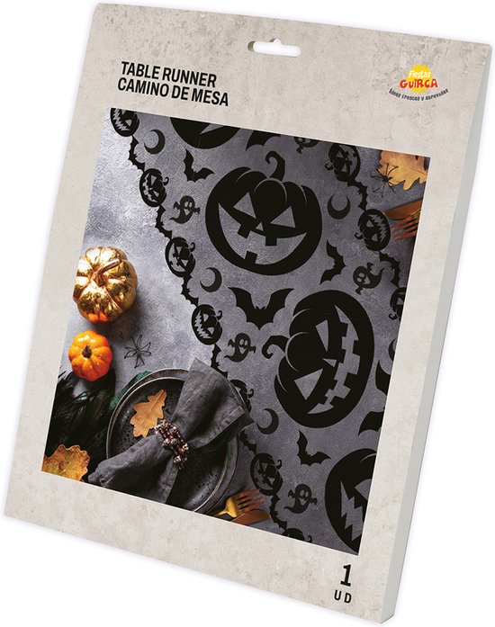 Fiestas Guirca Chemin de table fête thème Halloween/horreur dentelle - polyester - citrouilles - 200 x 45 cm - Nappe de Fête