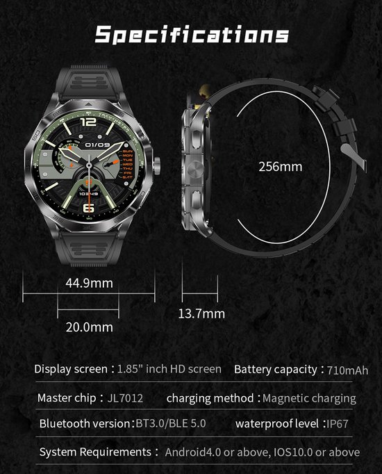 Grijze smartwatch met zilveren band, getoond met afmetingen. Zwart-witte foto van de smartwatch.