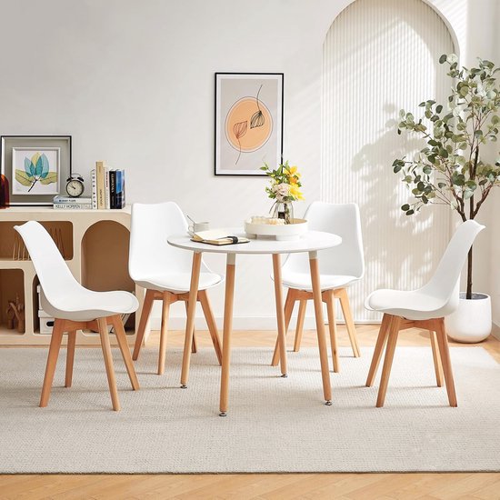 Scandinavische Eettafel met 4 Witte Stoelen - Ronde Tafel 80 cm | bol