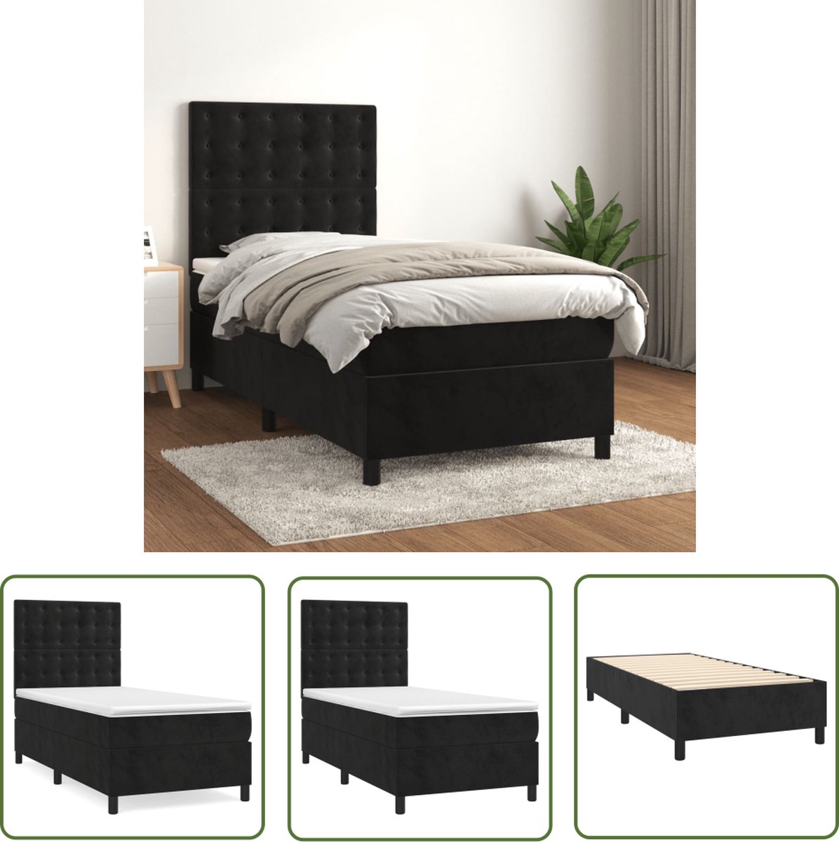 The Living Store Boxspringbed - fluweel - pocketvering - middelharde ondersteuning - zwart - 203 x 83 x 118/128 cm - incl - matras en topmatras