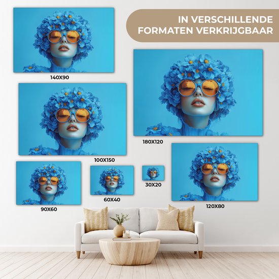 Canvas schilderij 90x60 cm - Wanddecoratie Vrouw - Bloem - Blauw - Modern - Bril - Portret - Muurdecoratie woonkamer - Slaapkamer decoratie - Kamer accessoires - Schilderijen op canvas