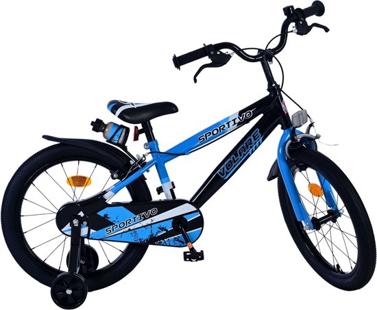 Volledig zicht op een blauw-zwarte kinderfiets met 'SPORTivo' en 'Volare' opdruk.
