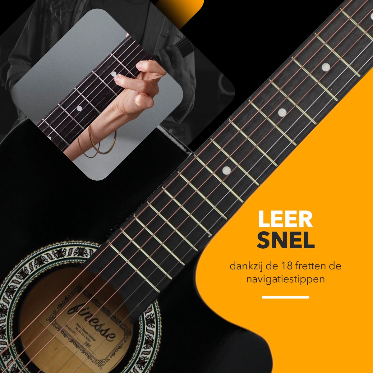 Finesse Akoestische Gitaar - met Videocursus - Western Gitaar - Gitaar Kind & Volwassenen - Zwart thumbnail 3