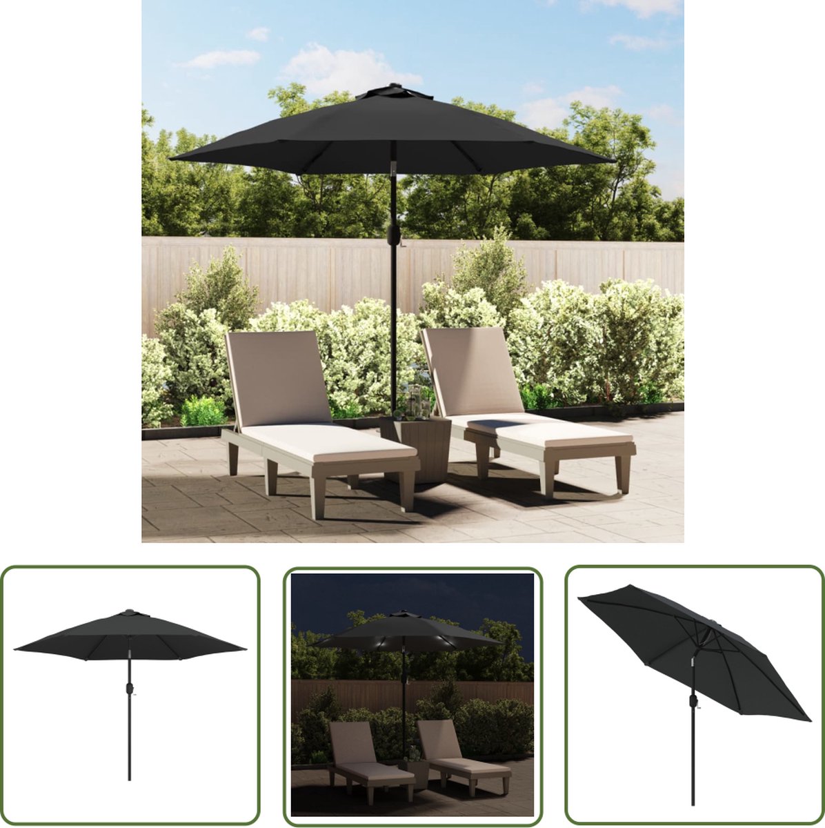 Modern 300cm anthracite parasol with LED lights, steel pole. Ideal for outdoor decor and sun protection.