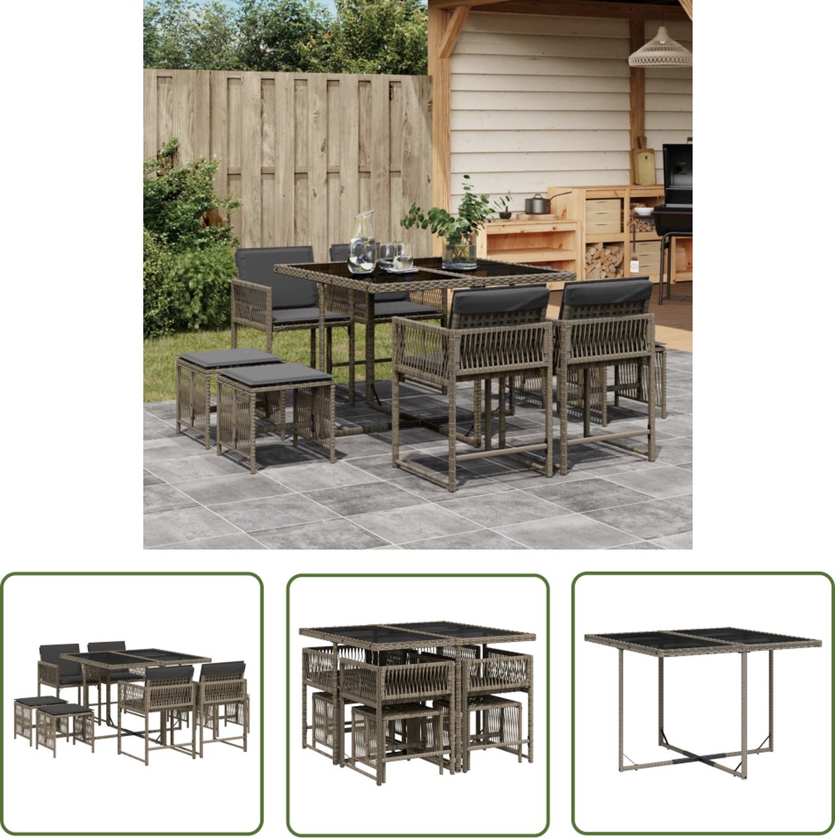 Tuinset met grijze poly rattan kussens - The Living Store.