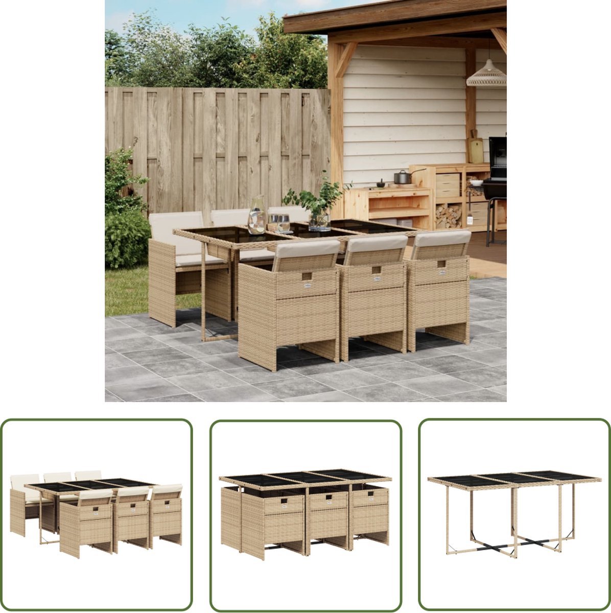 The Living Store 7-delige Tuinset met kussens poly rattan beige - Tuinset - Buitenmeubel - Lounge Set - Eetkamerset - Ratan Set