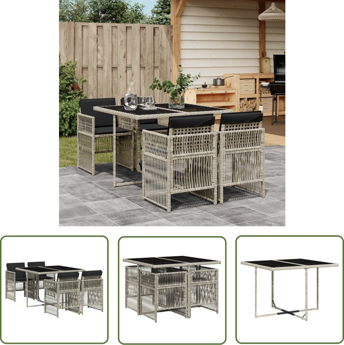 The Living Store poly rattan tuinset met kussens in lichtgrijs.