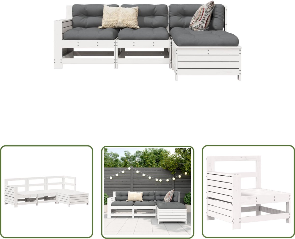 The Living Store 4-delige Loungeset massief grenenhout wit - Loungeset - Tuinbank - Buitenmeubels - Grenenhout - Lounge Set