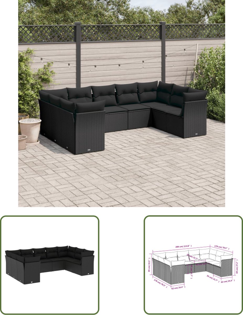 The Living Store 9-delige Loungeset met kussens poly rattan zwart - Loungeset - Tuinset - Loungehoek - Buitendecoratie - Garden Furniture
