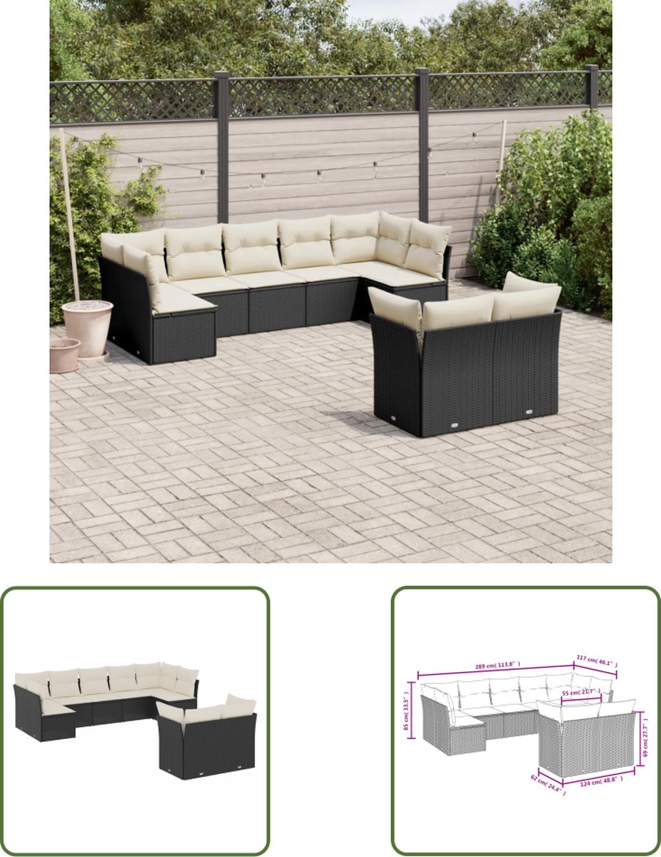 The Living Store 9-delige Loungeset met kussens poly rattan zwart - Loungeset - Tuinset - Lounge - Buitendining - Tuinmeubelen