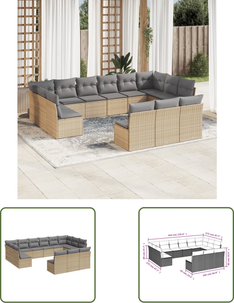 13-delige Loungeset in beige poly rattan met kussens - Tuinmeubilair.