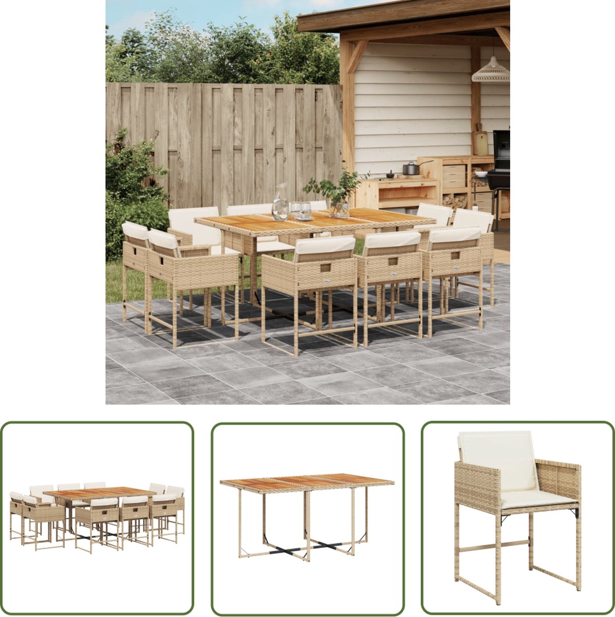 The Living Store 11-delige Tuinset met kussens poly rattan beige - Tuinmeubels - Acacia Hout - Terastisch - Lounge Set - Eetkamerset