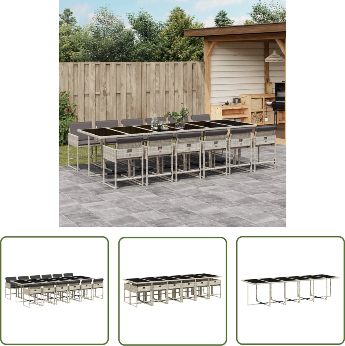 The Living Store 13-delige Tuinset met kussens poly rattan lichtgrijs - Tuinset - Buitendecoratie - Lounge Set - Eetkamerset - Poly Ratan